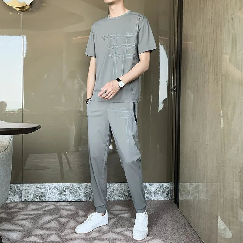 OEM Custom logo Design Printed Casual Sports Suit Men's Loose Large Size Ice Silk Thin Suit Handsome Quick-drying Breathable Set
