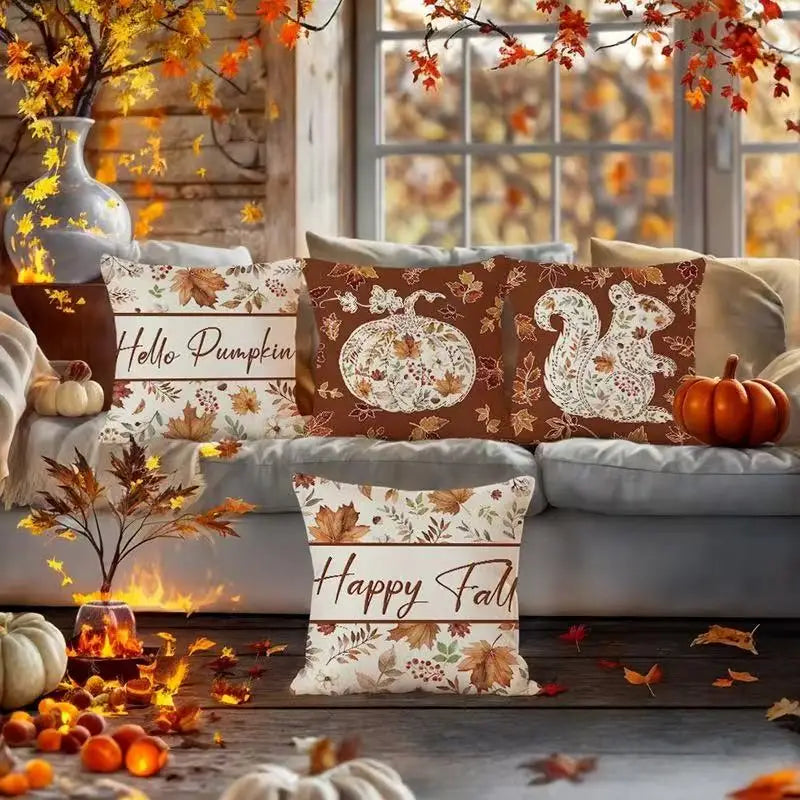 Custom Brown Linen Decorative Throw Pillow Cover Fall Flower Squirrel and Pumpkin Square Shape with Plant Print for Home Use