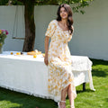 2025  Women's Summer Floral Midi Dress Square Neck Boho Random Floral Print Puff Sleeve Waist Ruffle Dress With Pockets
