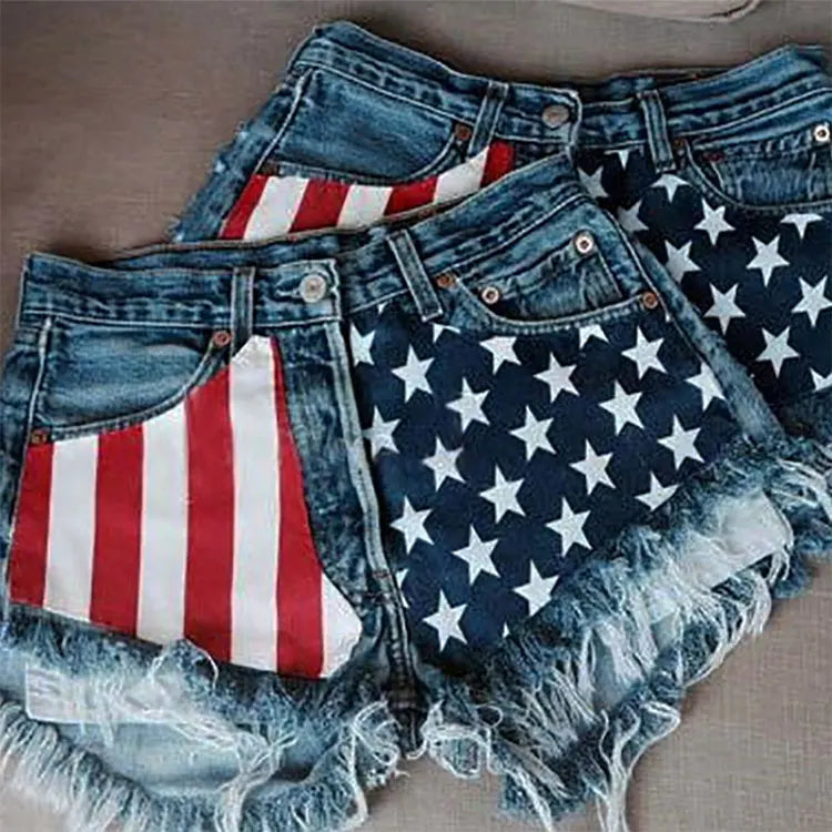 Women's European & American Cross-Border American Flag Tassel Star Printed Denim