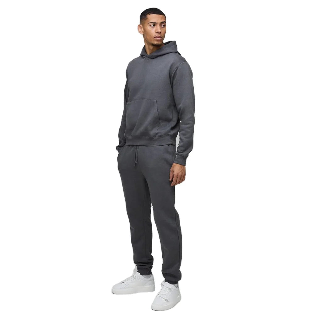 Charcoal Grey Pullover Hoodie and Jogger Pants 2Pcs Custom Soft Fleece Streetwear Outfit with Kangaroo Pocket & Drawstring Waist