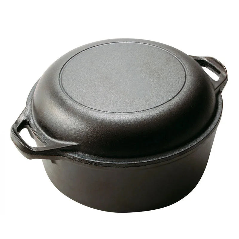 2-in-1 Pre-Seasoned Cast Iron Dutch Oven Pot with Skillet Lid Cooking Pan Cookware Pan for Bread Frying Baking Camping 5QT