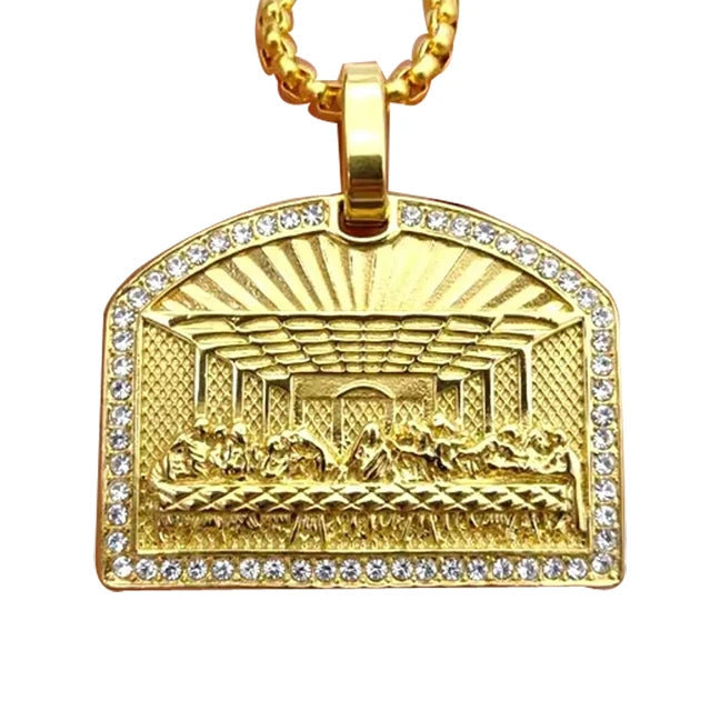 The Last Supper Picture Necklace Stainless Steel Gold Plated Diamond Pendant Necklace