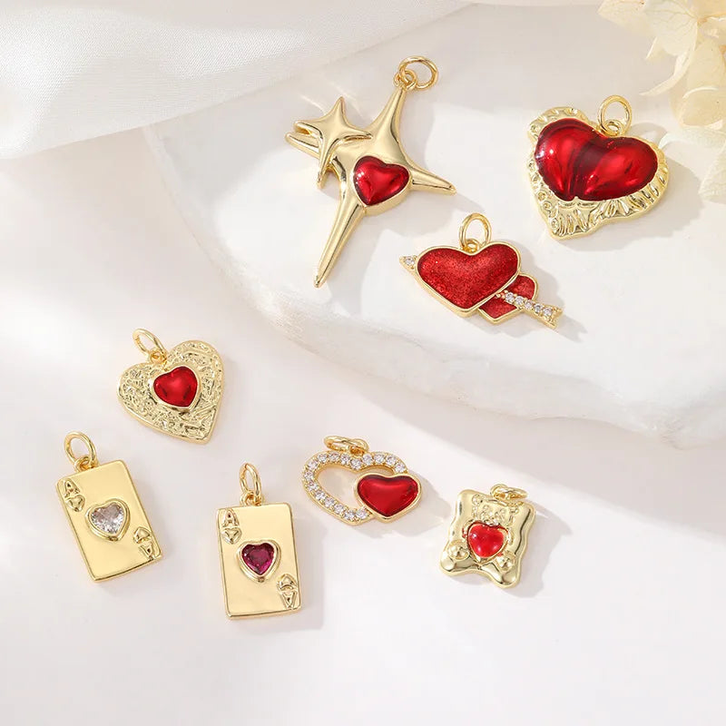 Brass 14K Plated Gold Zircon Enamel Heart Star Charm Playing Card a Pendant DIY Bracelet and Necklace Jewelry Making Accessories