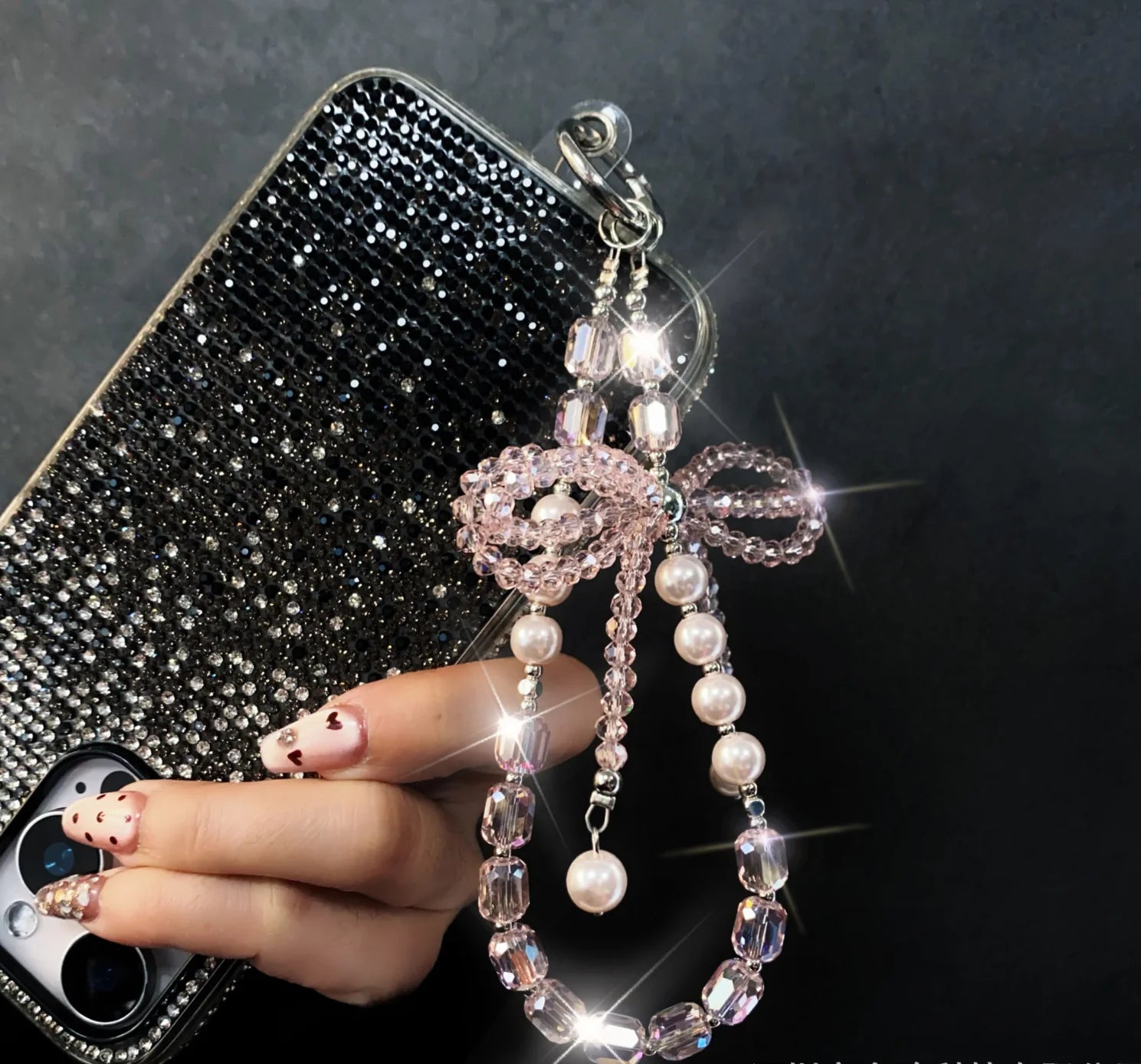 Bow Beads Cell Phone Charms Chain Phone Wrist Strap Elegant Keychain Crystal Beaded Mobile Phone Lanyard Decoration Accessories