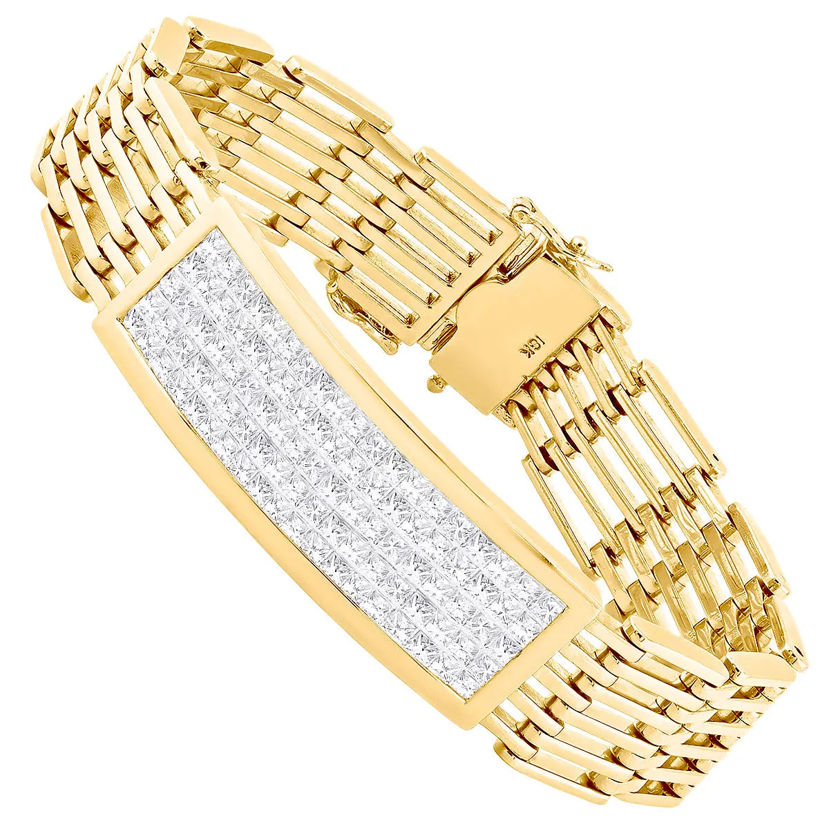 Men's 14K Yellow Gold Five-Row Princess Cut Diamond Invisible Setting VS Clarity 12-Month Warranty Luxurious Diamond Bangle