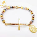 Elegant Gold Plated Stainless Steel Beaded Cross Bracelet Virgin Mary Charm Religious Bracelet Prayer Jewelry for Women