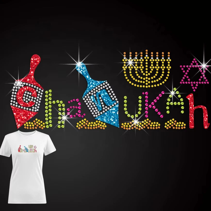 2024 Trend Products Light Hanukkah Heat Transfers Rhinestone Iron on Transfer for T Shirt