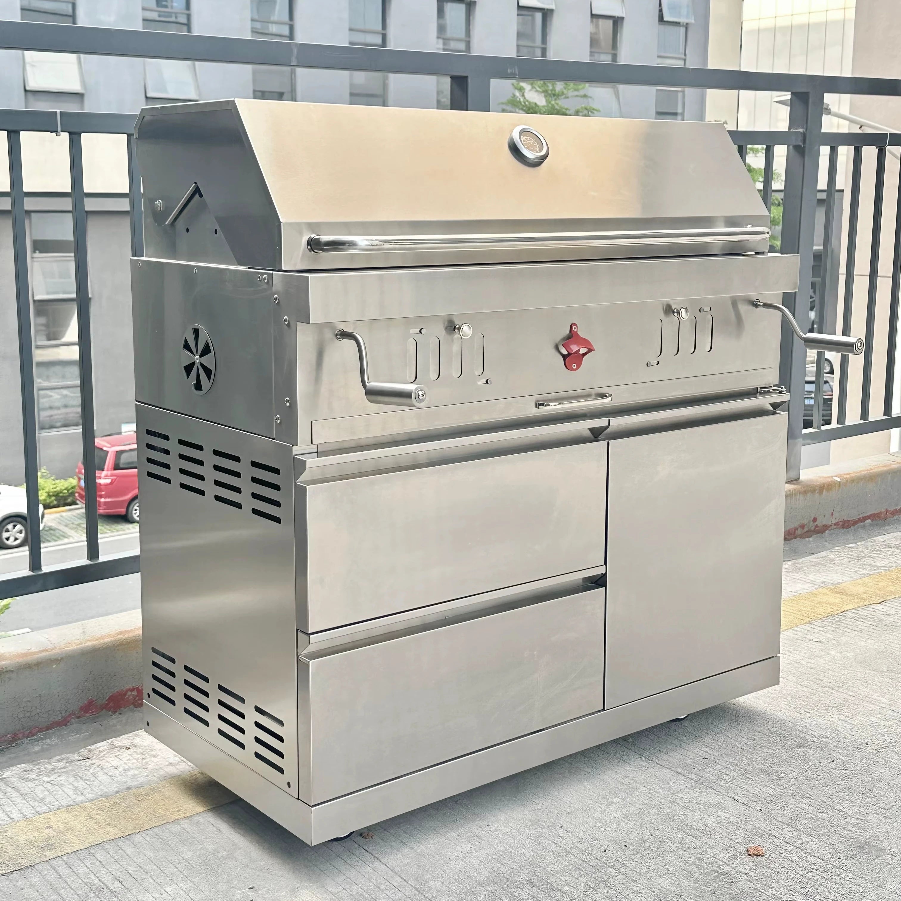 Large Cooking Area Stainless Steel 304 Outdoor Charcoal Barbecue Grill Wooden Box Trolley Waterproof Design for Group