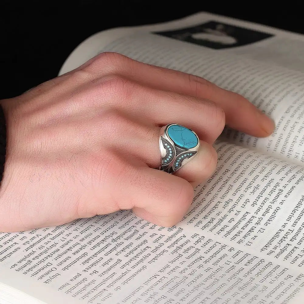 Turkish 925 Sterling Silver Men's Ottoman Style Ring with Natural Agate Stone Azuris VALKH1213