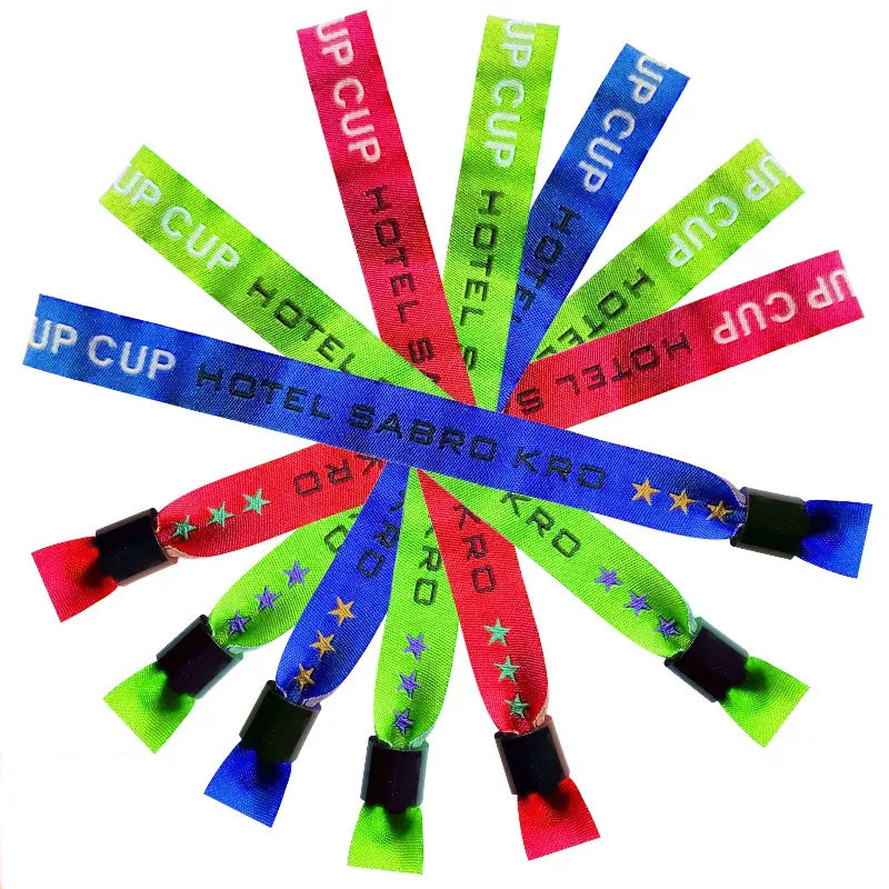 HXY Custom Promotional Festival Polyester Woven Wristbands Heat Transfer Printing Metal Slider Pantone Colors Religious Style