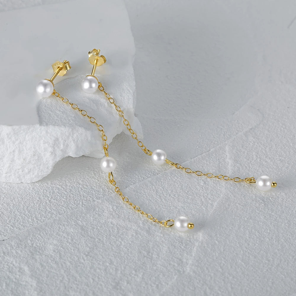 CANNER New Earrings Jewelry S925 Sterling Silver Pearl Long Tassel Chain Drop Earrings Minimalist Pearl Stud Earrings for Women