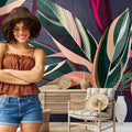 Germany Made Modern Design Photo Wallpaper Murals Jungle Leaves Purple Green Pink Beige Non Woven Vinyl Light Living Room