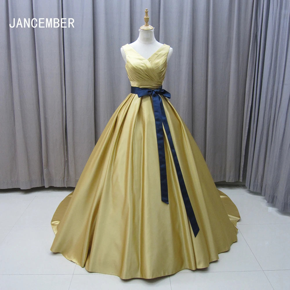 For Jancember MZ0030 Golden Evening Party Gowns Dresses Beautiful Ruched Belt Natural Waistline Anti-Static Pleats Ruffles