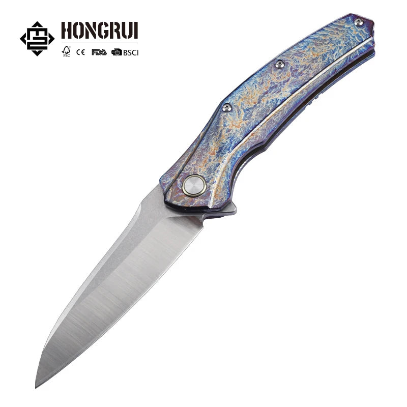 Hongrui New Design CNC D2 Steel Outdoor Folding Knife Stone Wash with TC4 Titanium Alloy Color-fired Handle for Easy to Carry
