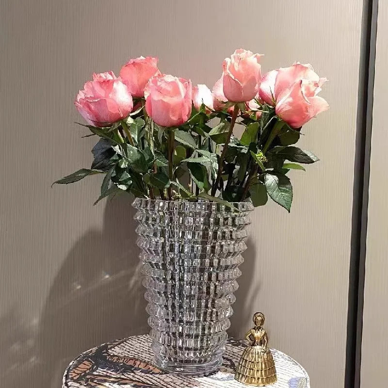 France Design Crystal Glass Vase Large Size Shinning Cylinder Square Pattern for Wedding Home Hotel Decoration Tabletop Bottle