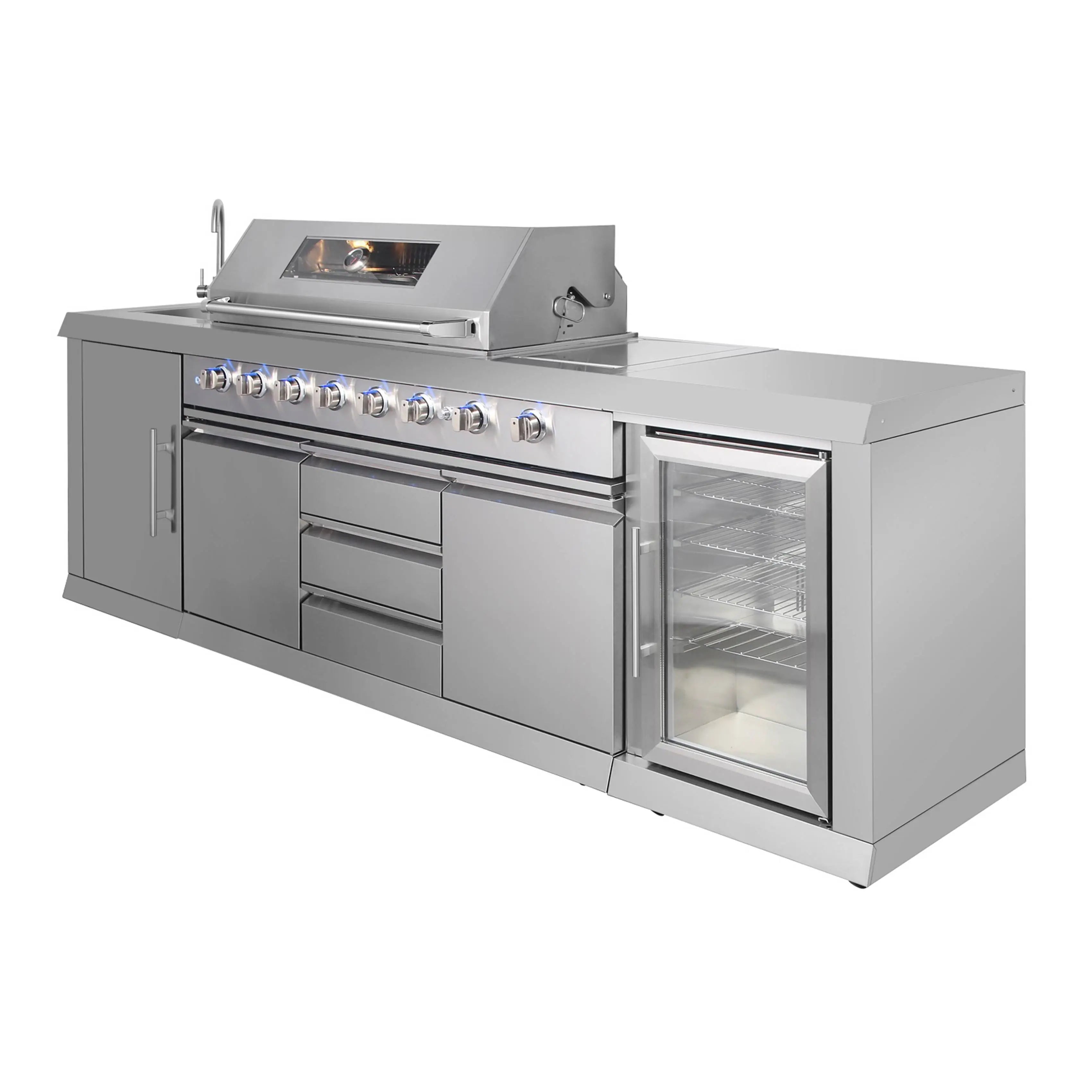 8-Burner Outdoor Stainless Steel BBQ Grill Kitchen with LED Lighting & Mobile Casters