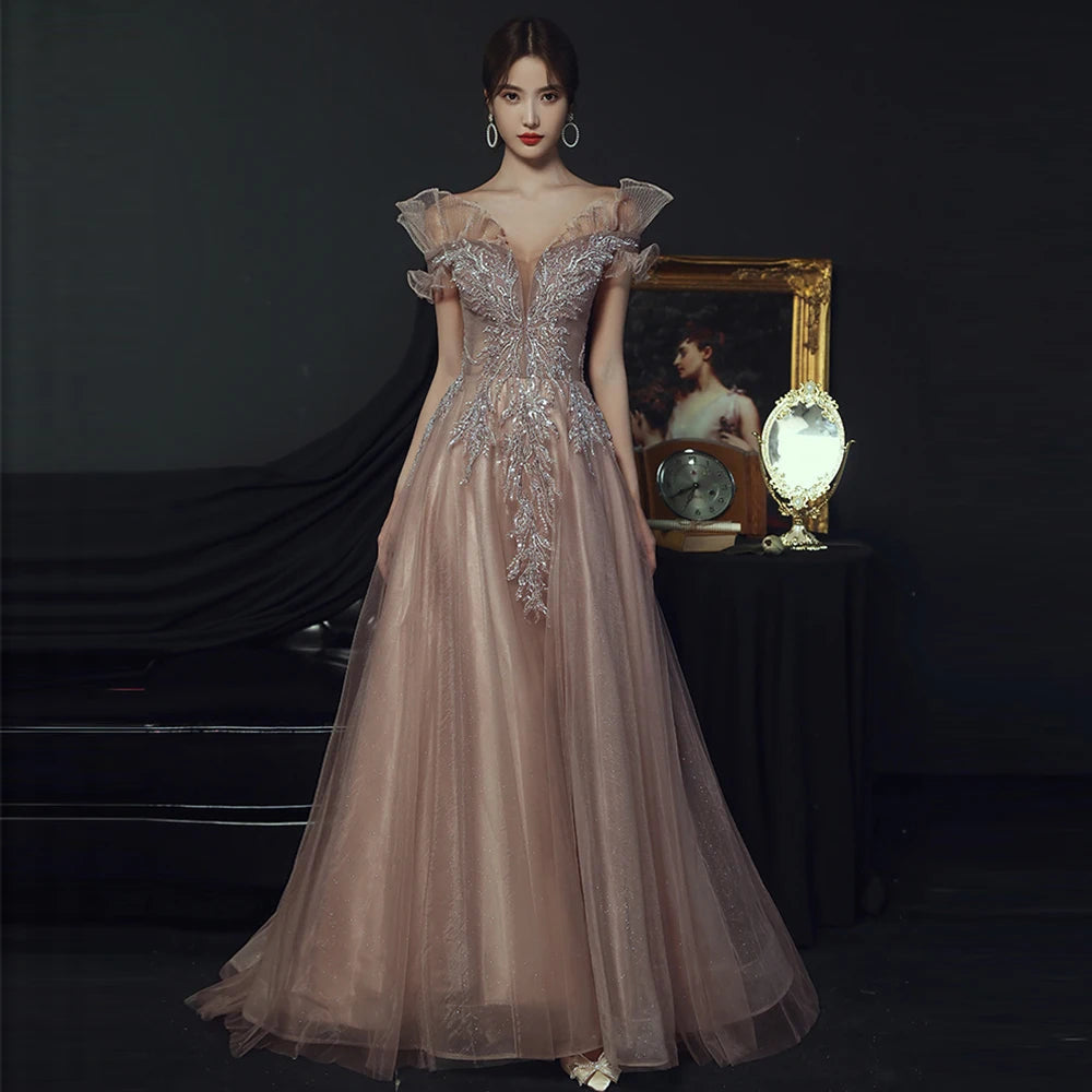 Women's V-Neck Birthday Party Bridesmaid Dresses Long Gown Evening Dress