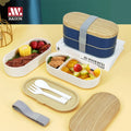 Haixin 800ml Two Layer Two Compartments Wood Grain Plastic Food Tiffin Bento Lunch Box with ABS Lid with Water Transfer Printing