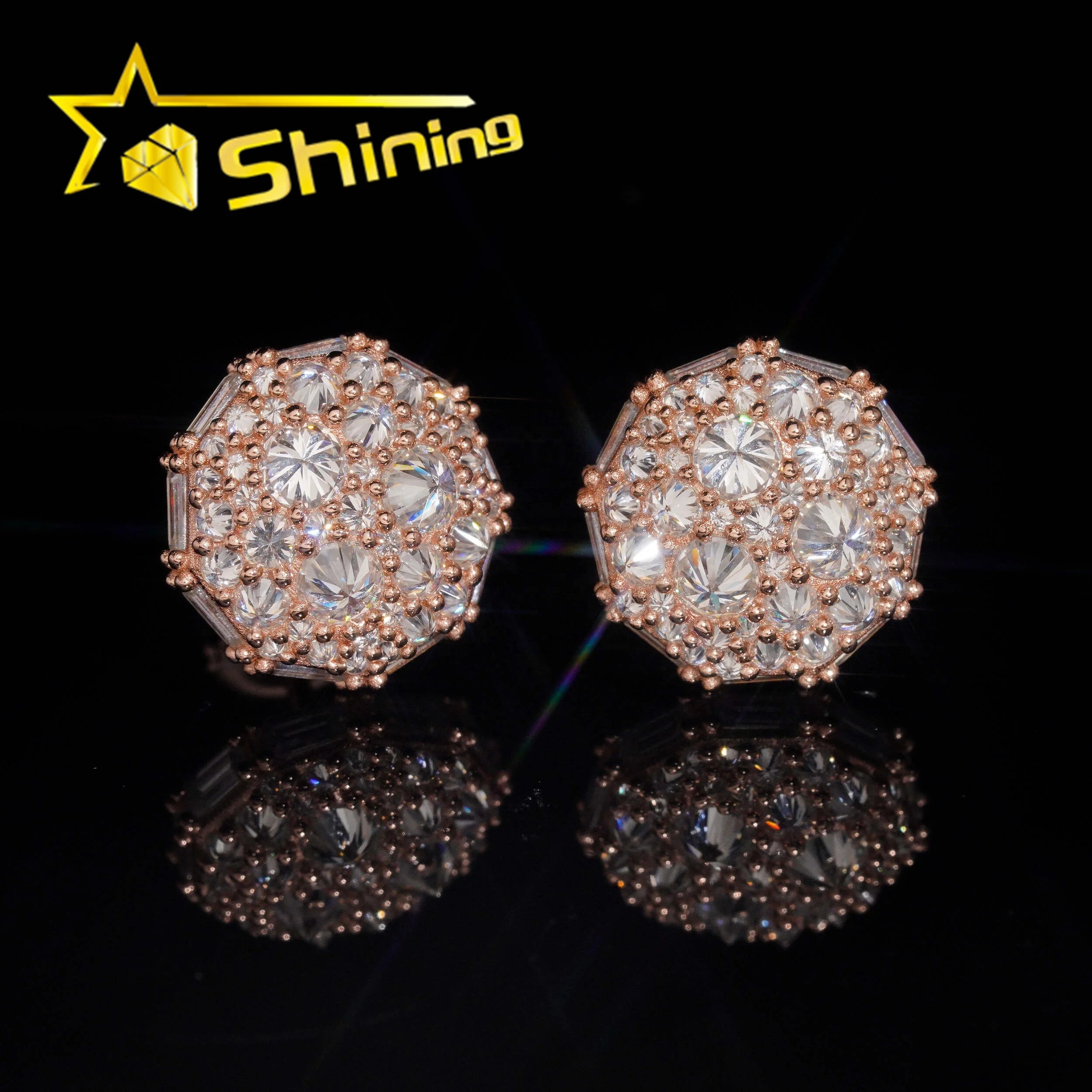 Fast Shipping Solid Silver Iced Out VVS Moissanite Mosaic Inverted Men Diamond Studs Earrings
