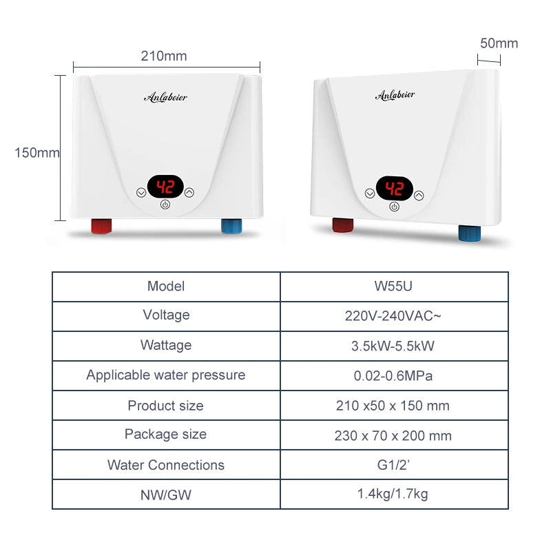 Reliable Electric 5000W Instant Tankless Water Heater WiFi Remote Control CB Certified Factory Direct for Household Bathroom LED