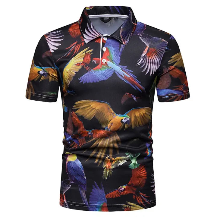 Custom Men's Digital Printing Short Sleeve Casual Jersey Shirt | Tropical Parrot Bird All-Over Print Golf Tee | OEM Sportswear