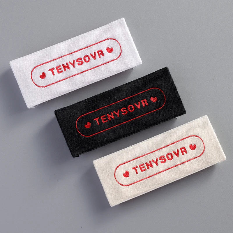 Wholesale Custom Logo Embossed Woven Satin Label End Fold Sew-On Clothing Collar Tag for Garments Folded Washing Woven Label