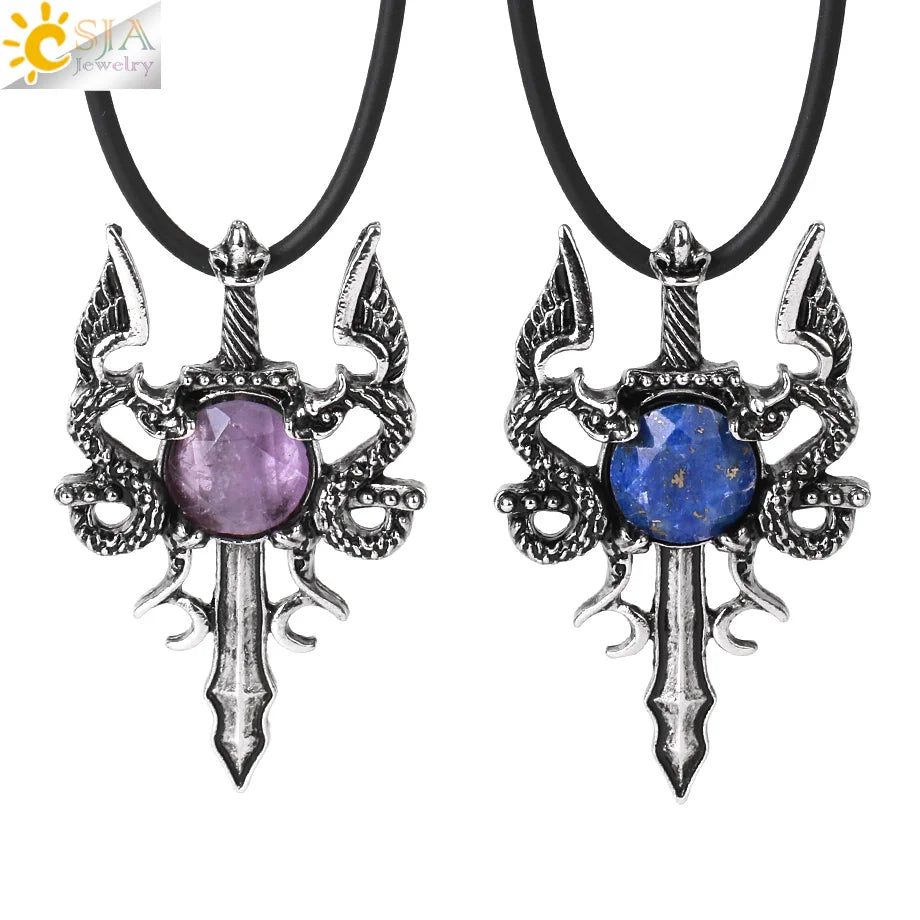 CSJA Newest Design Natural Crystal Healing Stone Stainless Steel Inlaid Double Dragon Sword Pendant Necklaces for Men H143