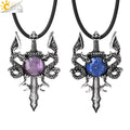 CSJA Newest Design Natural Crystal Healing Stone Stainless Steel Inlaid Double Dragon Sword Pendant Necklaces for Men H143
