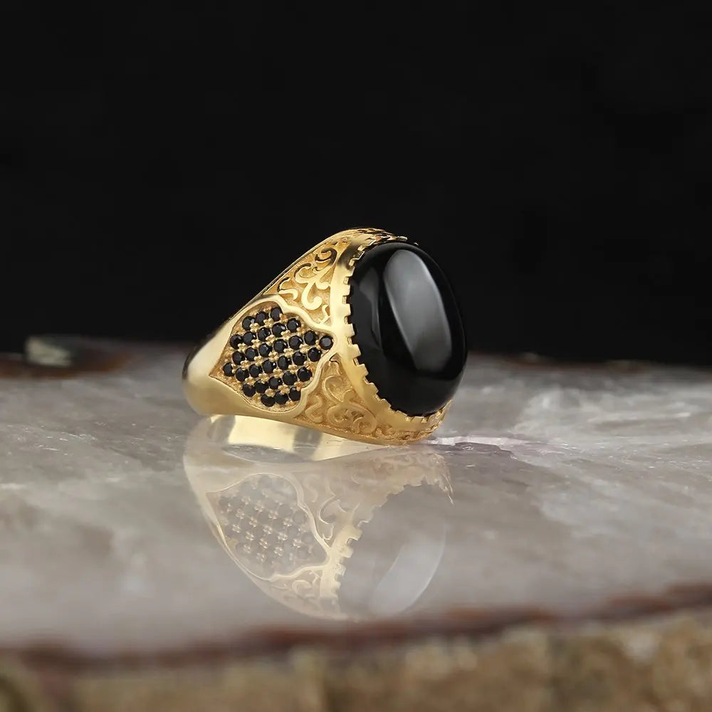 Turkish Style Vintage 925 Sterling Silver Ottoman Style Men's Ring with Rhodium and Gold Bi-color Plating