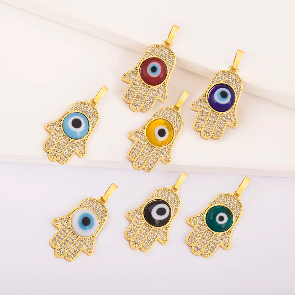 QIKU Wholesale Hamsa Hand Glaze Eye of Evil Gold Filled Boho Turkish Middle Eastern Kids Pendant Charm