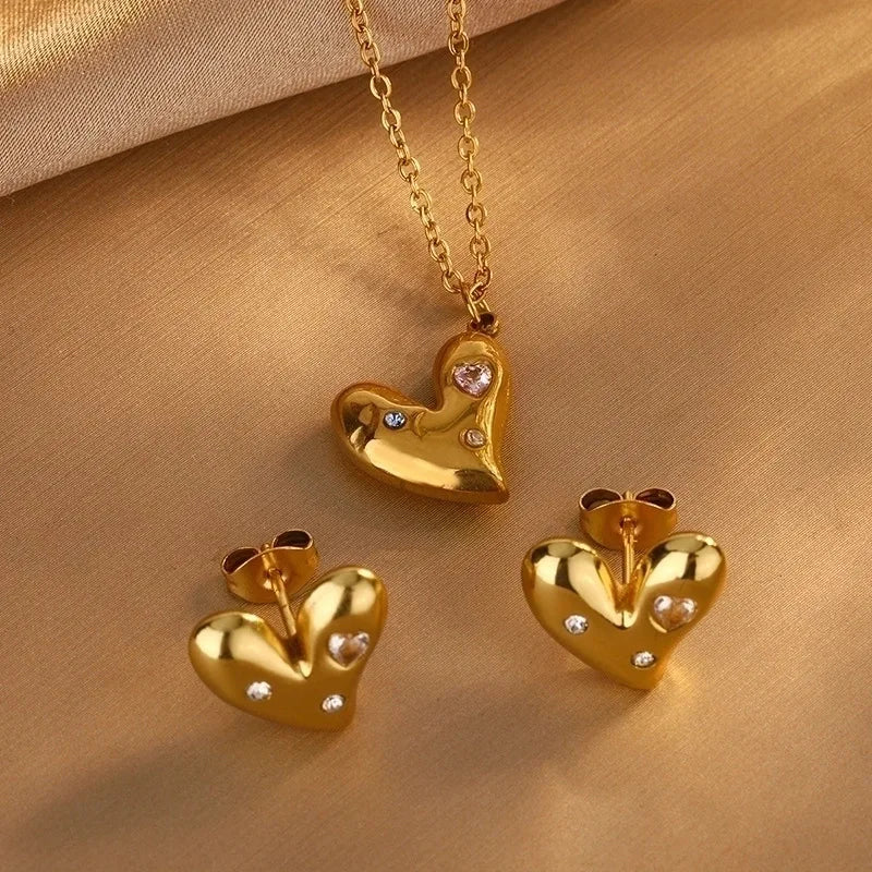 Resoul 18k Gold Plated Stainless Steel Heart Necklace Set Waterproof Non Tarnish Women Jewelry Set Daily Wear MegaBDM