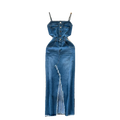 Summer Vintage Slit Casual Midi Dress for Women Sleeveless Denim Dress