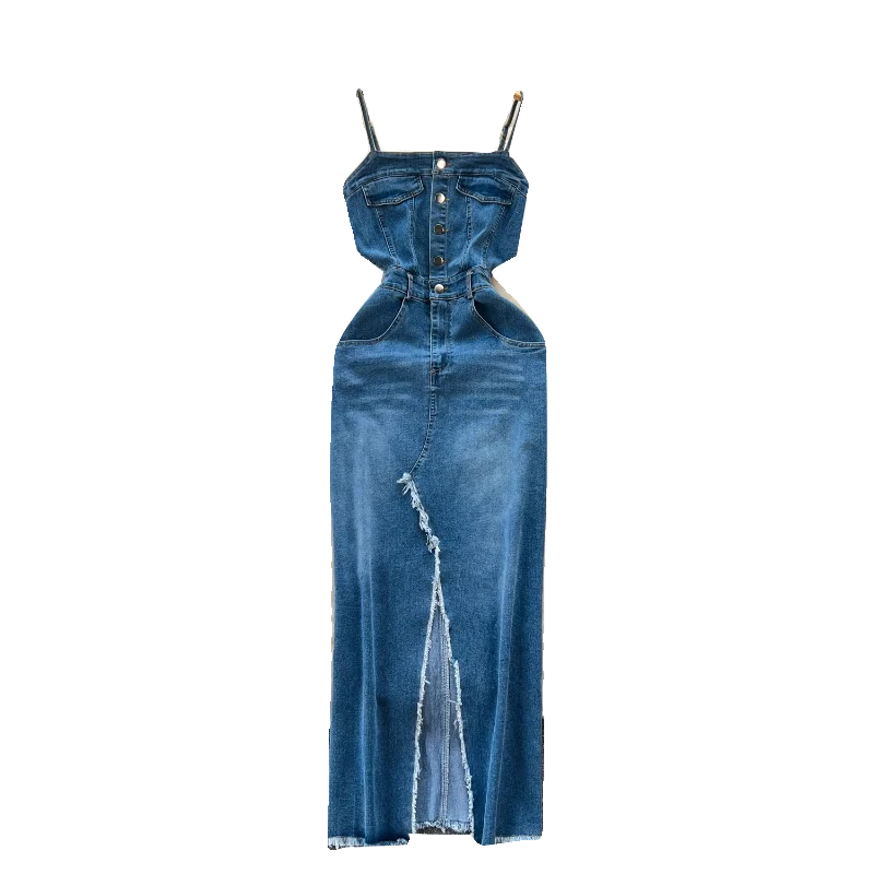Summer Vintage Slit Casual Midi Dress for Women Sleeveless Denim Dress