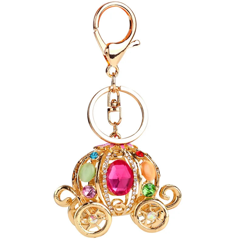 Women Bag Pendant Decoration Zinc Alloy Gold Crystal Pumpkin Car Carriage Keychain Jewelry Key Chain for Souvenir Gift