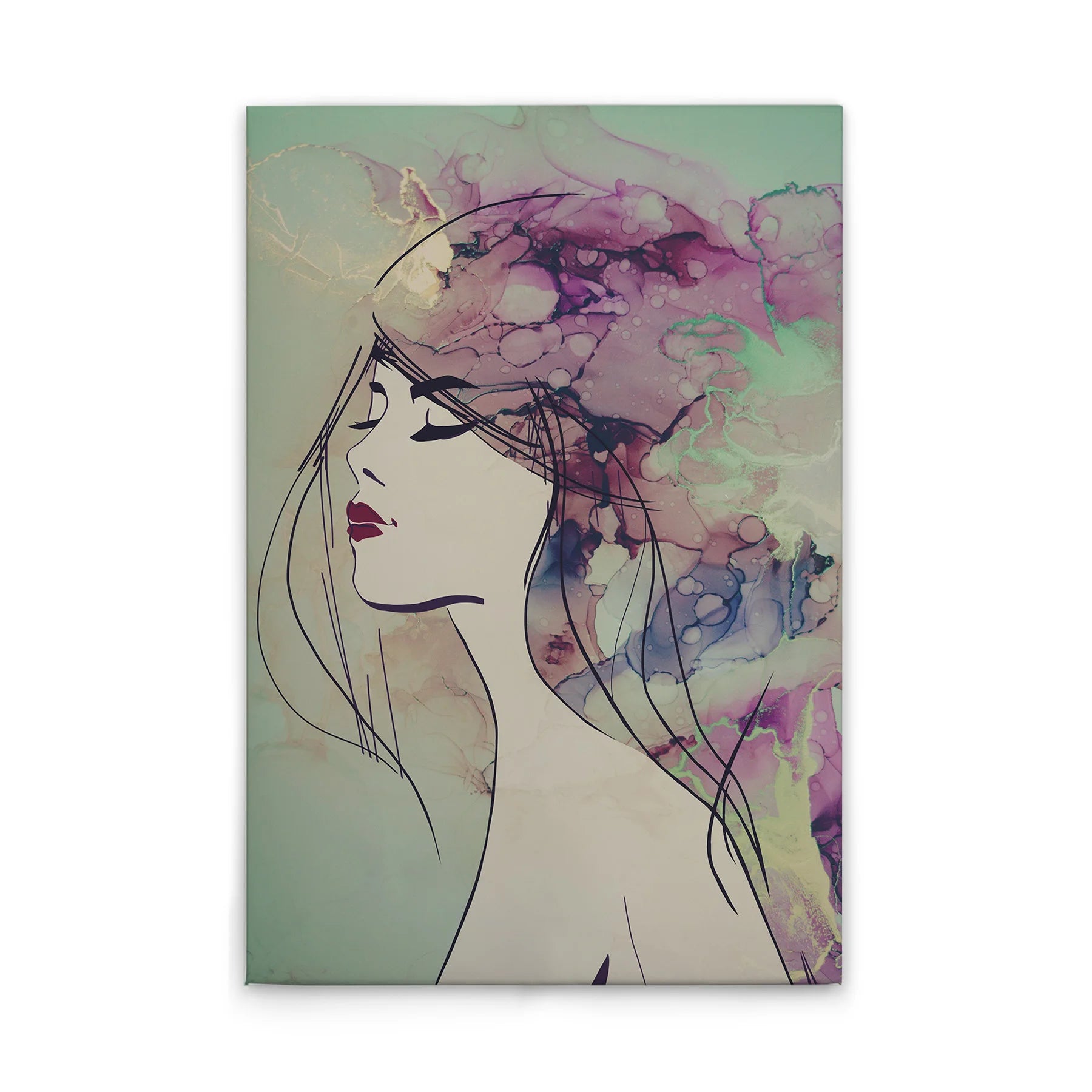 Made In Germany - Home Decor Canvas Picture Watercolour Woman - Wall Painting Mural In Colourful And Green - Stretcher Frame Art