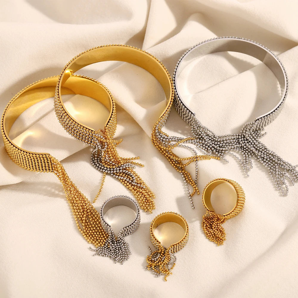 Dreamshow Statement Chunky Cuff Bangle Beaded Tassel Jewelry Gold Plated Stainless Steel Jewelry Set