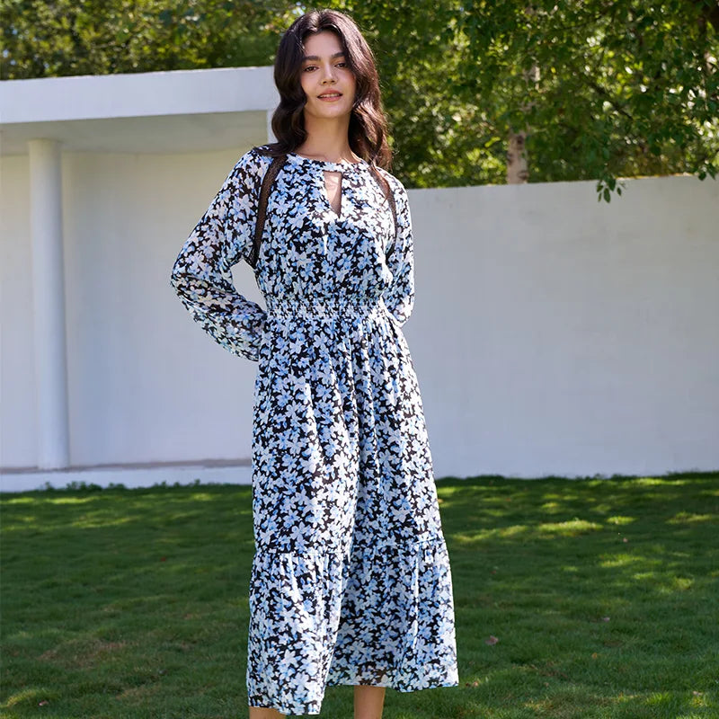 2026  Casual Floral Long Sleeve Wrap Chiffon Floral Long Maxi Dress V Neck High Waist Flowy Ruffle Floral Print Dress