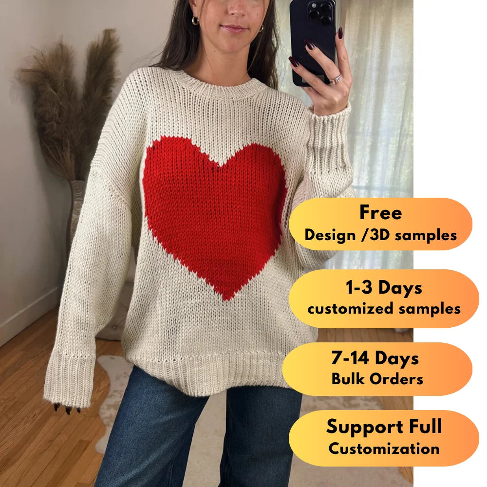 Autumn Winter Casual New Fashionable Pullover Crew Neck Sweater for Women with Love Heart Pattern