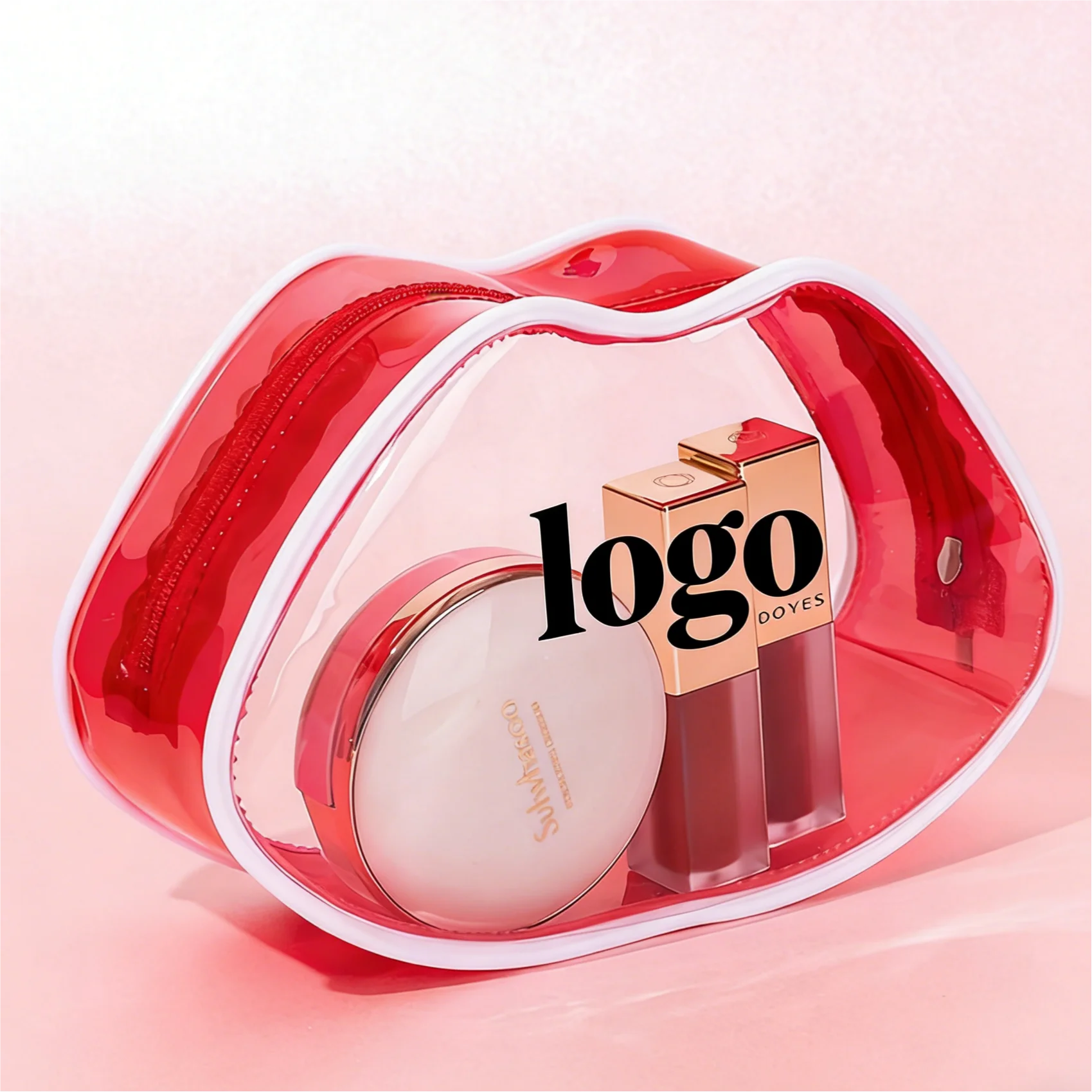 SW Hot Sale Custom Transparent Pouch Clear Waterproof PVC Zipper Lip Shape Transparent Toiletry Wash Storage Makeup Cosmetic Bag
