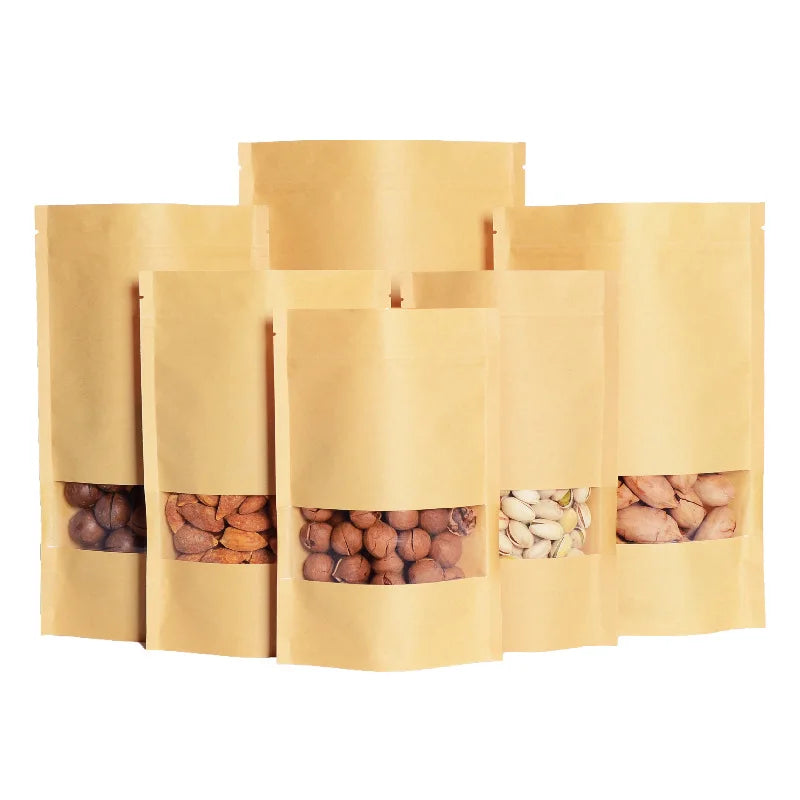 Recyclable 3 Side Seal Flat Zipper Brown Biodegradable Kraft Paper Stand up Bags Custom Brown Kraft Paper Pouch Bag With Window