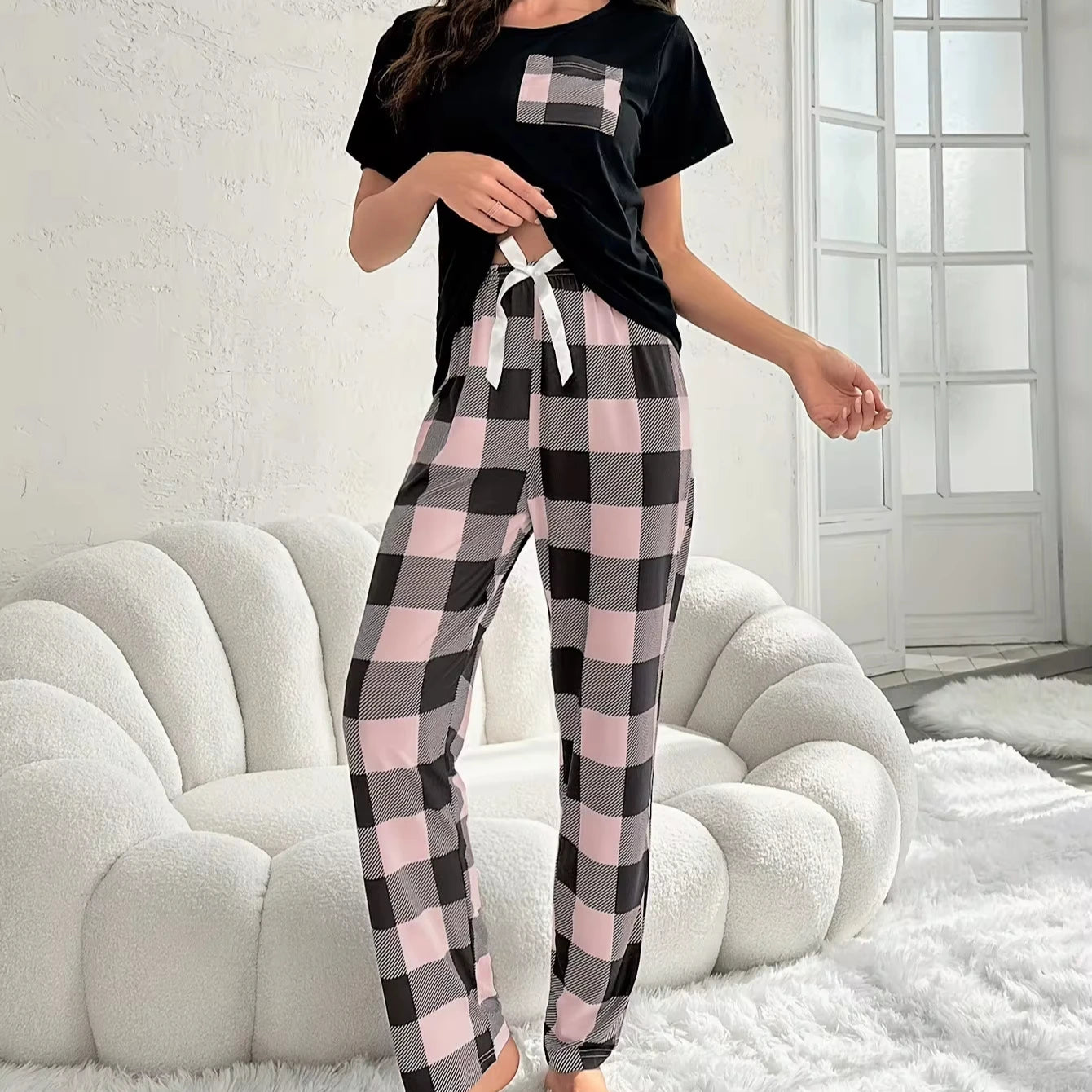 Pajamas Set Short Sleeve Crew Neck Top & Plaid Pants Pajamas Women's Sleepwear Causal Loungewear