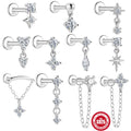 Boasta S925 Silver Moissanite Flat Back Threaded Cartilage Stud Earrings Chain White Gold Plated Fashion Jewelry for Women Lady