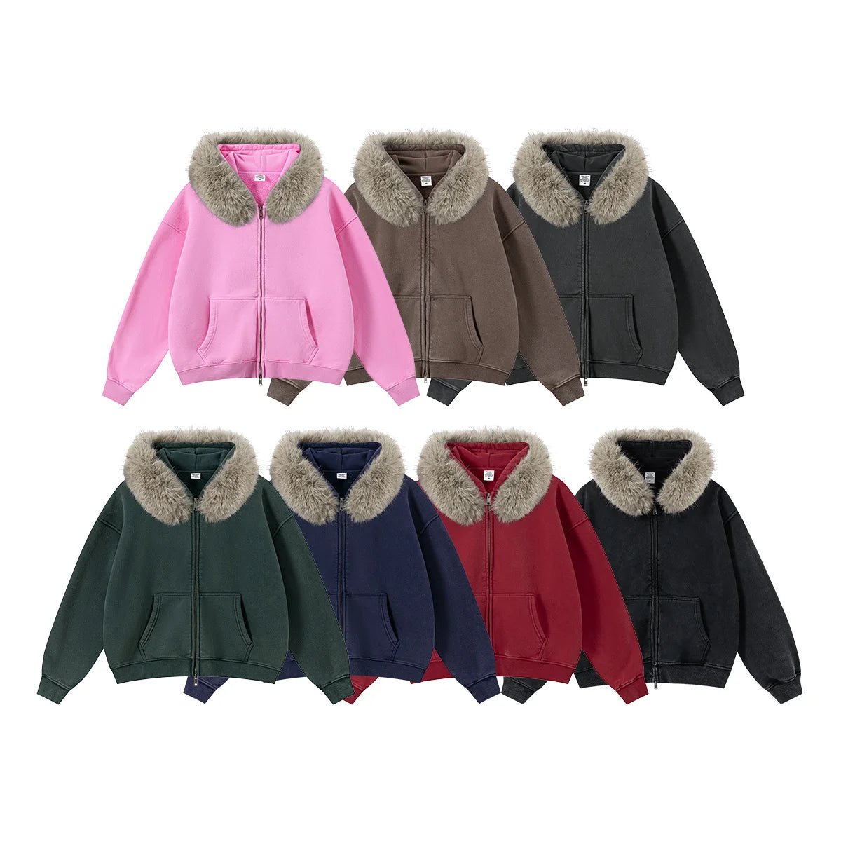 Fur Collar Zipper Sweater Boxy Hoodie Zip up Style Unisex Retro Streetwear