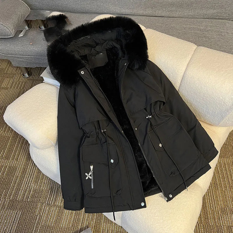Oem Customized logo Design fashionable and versatile coat with hooded warm cotton coat with fleece collar women coat