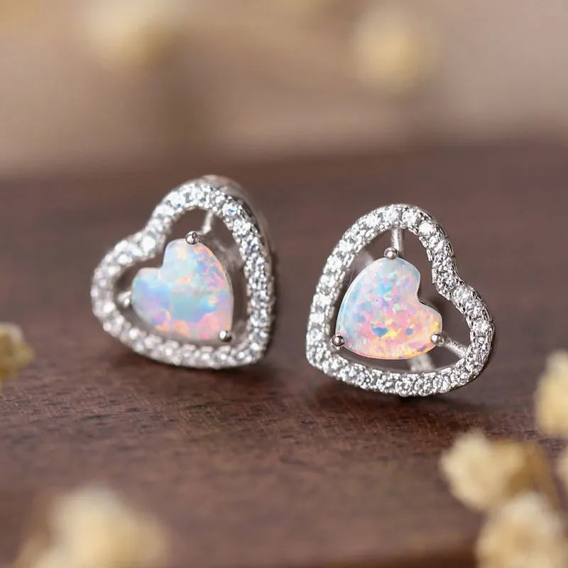 Low MOQ Jewelry Gemstone 925 Sterling Silver Zircon Opal Heart Stud Earring