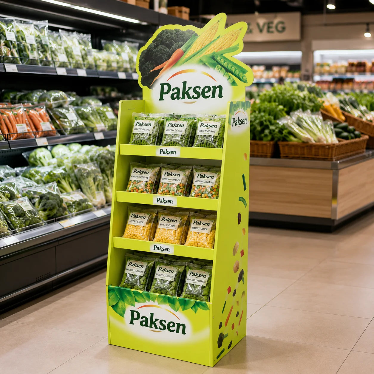 Multi-tier Cardboard Corrugated Floor Standing Display Custom Printed for Vegetable Food Supermarket Promotion Display Stand