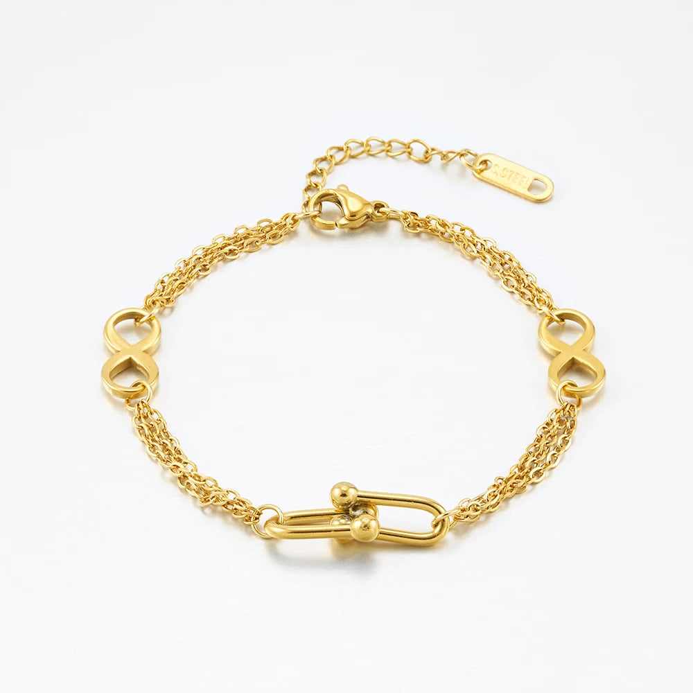 Latest 18K Gold Plated Stainless Steel Jewelry Three Layer Chain U-shape TarnishFree Cuffs Waterproof for Women Bracelet B242489