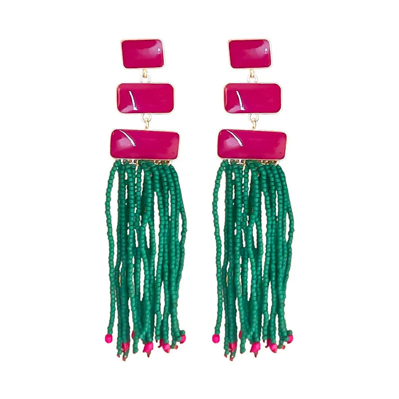 Fenyi Wholesale Jewelry Retro Fashion Bohemian Oil Drop Rice Beads Tassel Hypoallergenic Silver Needle Earrings
