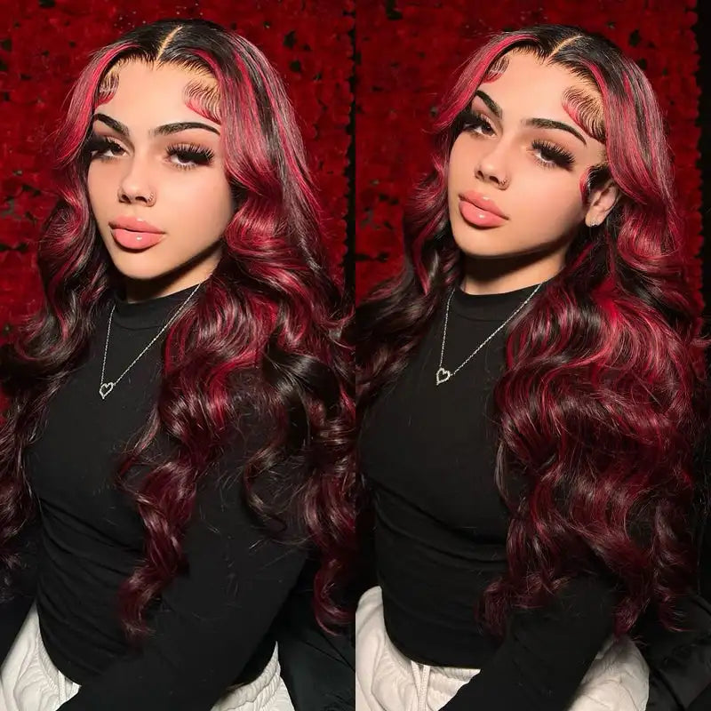 Flash Sale Ombre Highlight Dark Burgundy with Rose Red 13x4 Lace Frontal Wig Hand Curls Body Wave Wig